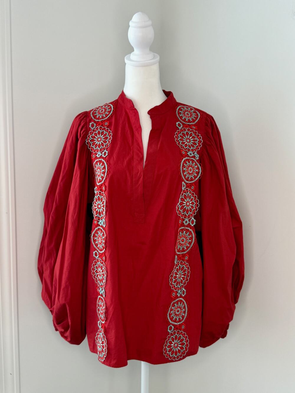 Silvia Tcherassi Red Floral Embroidered Balloon Sleeve Tunic Blouse